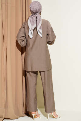 Gold Düğmeli Yan İp Bağcıklı İkili Takım Vizon - İkili Takım