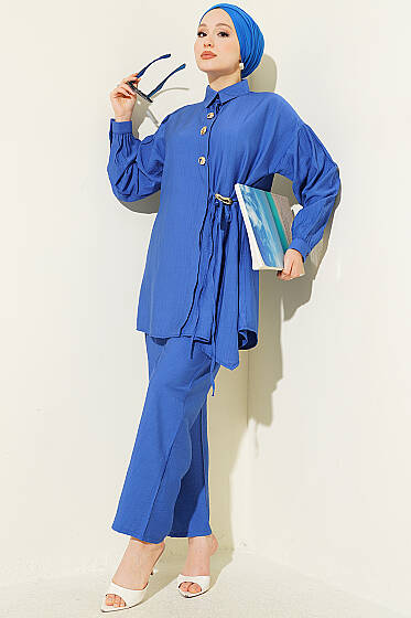 Gold Düğmeli Yan İpli İkili Takım Saks - İkili Takım