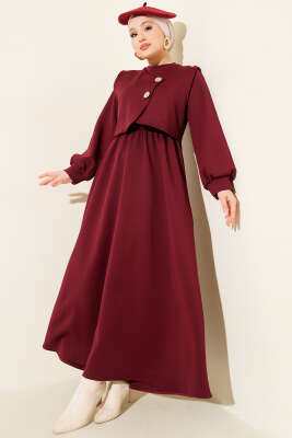 Gold Düğmeli Yelekli Elbise Takım Bordo - TABLO FASHİON