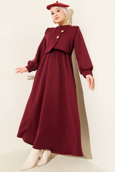 Gold Düğmeli Yelekli Elbise Takım Bordo - İkili Takım