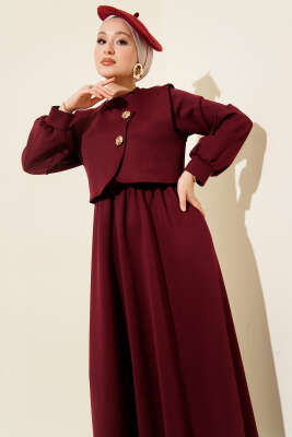 Gold Düğmeli Yelekli Elbise Takım Bordo - İkili Takım