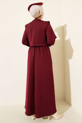 Gold Düğmeli Yelekli Elbise Takım Bordo - İkili Takım