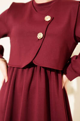 Gold Düğmeli Yelekli Elbise Takım Bordo - İkili Takım