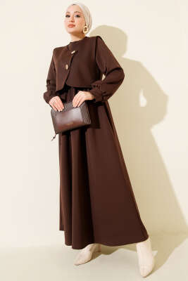 Gold Düğmeli Yelekli Elbise Takım Kahve - TABLO FASHİON