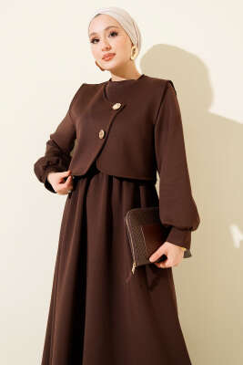 Gold Düğmeli Yelekli Elbise Takım Kahve - İkili Takım