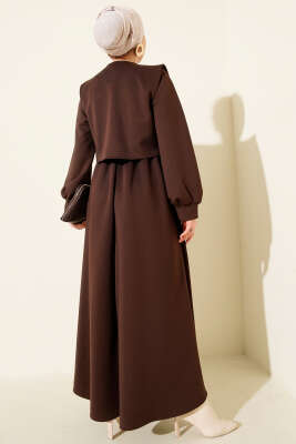 Gold Düğmeli Yelekli Elbise Takım Kahve - İkili Takım