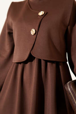 Gold Düğmeli Yelekli Elbise Takım Kahve - İkili Takım