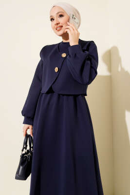 Gold Düğmeli Yelekli Elbise Takım Lacivert - İkili Takım