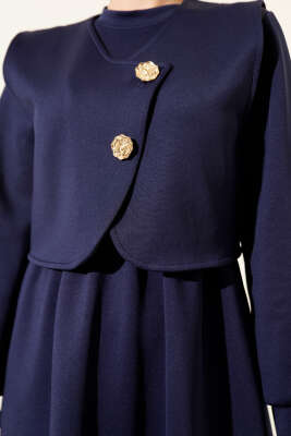 Gold Düğmeli Yelekli Elbise Takım Lacivert - İkili Takım