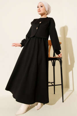 Gold Düğmeli Yelekli Elbise Takım Siyah - TABLO FASHİON