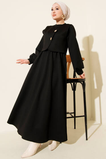 Gold Düğmeli Yelekli Elbise Takım Siyah - İkili Takım