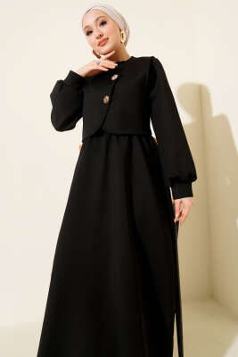 Gold Düğmeli Yelekli Elbise Takım Siyah - İkili Takım