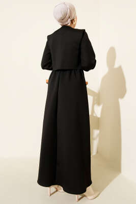 Gold Düğmeli Yelekli Elbise Takım Siyah - İkili Takım