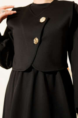 Gold Düğmeli Yelekli Elbise Takım Siyah - İkili Takım