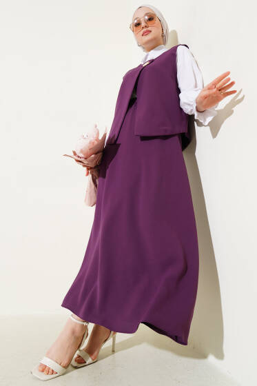 Gold Düğmeli Yelekli Etekli İkili Takım Mor - İkili Takım