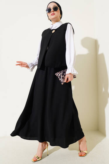 Gold Düğmeli Yelekli Etekli İkili Takım Siyah - İkili Takım