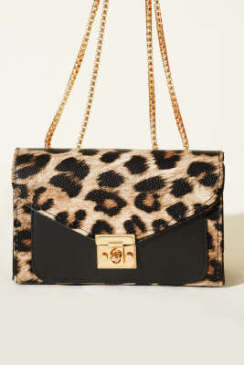 Gold Kilitli Desenli Kadın El Çantası Leopar - Kol Çantası
