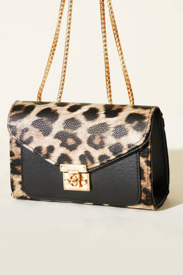 Gold Kilitli Desenli Kadın El Çantası Leopar - Kol Çantası