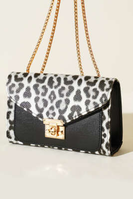 Gold Kilitli Desenli Kadın El Çantası Siyah Leopar 