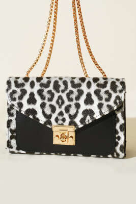 Gold Kilitli Desenli Kadın El Çantası Siyah Leopar - Kol Çantası