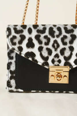 Gold Kilitli Desenli Kadın El Çantası Siyah Leopar - Kol Çantası
