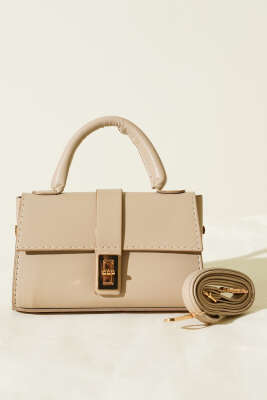 Gold Kilitli Mini Kadın El Çantası Bej - Kol Çantası