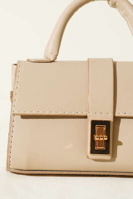 Gold Kilitli Mini Kadın El Çantası Bej - Kol Çantası