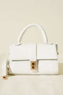 Gold Kilitli Mini Kadın El Çantası Beyaz - Kol Çantası