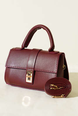 Gold Kilitli Mini Kadın El Çantası Bordo - GÜZEL ÇANTA