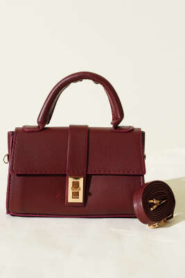 Gold Kilitli Mini Kadın El Çantası Bordo - Kol Çantası