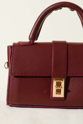 Gold Kilitli Mini Kadın El Çantası Bordo - Kol Çantası