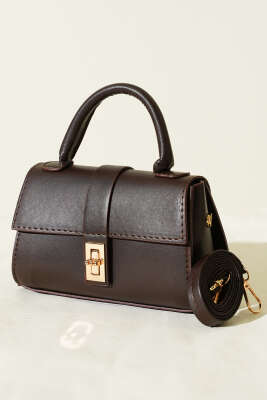 Gold Kilitli Mini Kadın El Çantası Kahve - GÜZEL ÇANTA