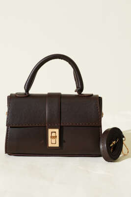 Gold Kilitli Mini Kadın El Çantası Kahve - Kol Çantası