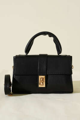 Gold Kilitli Mini Kadın El Çantası Siyah - Kol Çantası