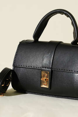 Gold Kilitli Mini Kadın El Çantası Siyah - Kol Çantası