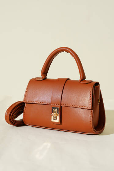 Gold Kilitli Mini Kadın El Çantası Taba - Kol Çantası