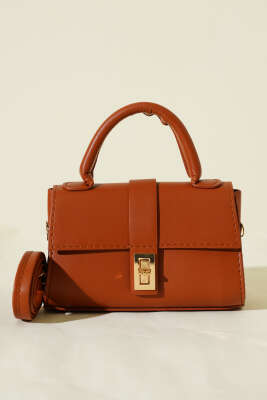 Gold Kilitli Mini Kadın El Çantası Taba - Kol Çantası