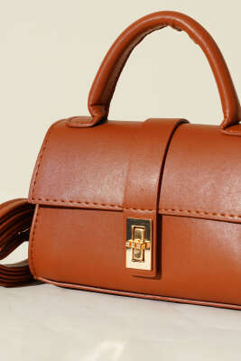 Gold Kilitli Mini Kadın El Çantası Taba - Kol Çantası