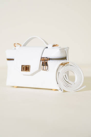 Gold Kilitli Rugan Mini Çanta Beyaz - Kol Çantası