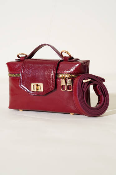 Gold Kilitli Rugan Mini Çanta Bordo - Kol Çantası