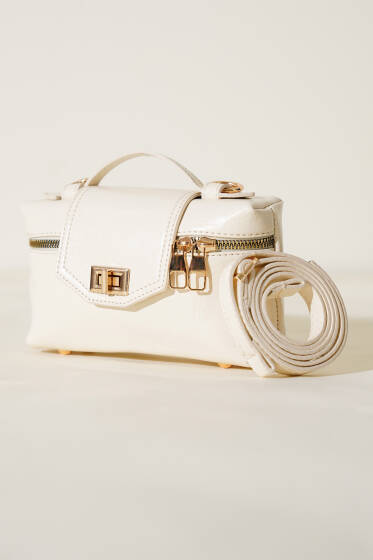 Gold Kilitli Rugan Mini Çanta Krem - Kol Çantası