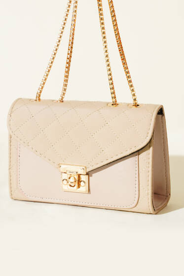 Gold Kilitli Zincir Askılı Kadın El Çantası Bej - Kol Çantası