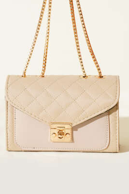 Gold Kilitli Zincir Askılı Kadın El Çantası Bej - Kol Çantası