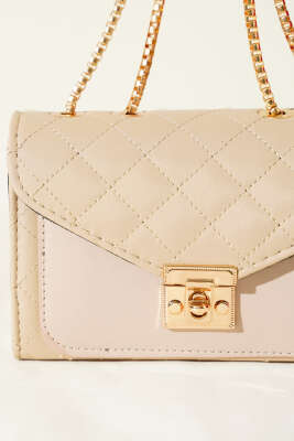 Gold Kilitli Zincir Askılı Kadın El Çantası Bej - Kol Çantası