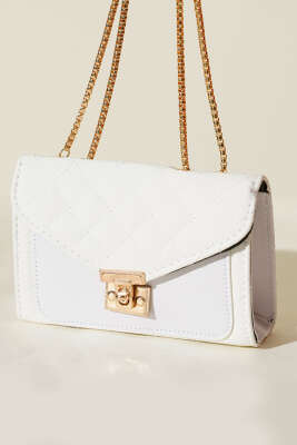Gold Kilitli Zincir Askılı Kadın El Çantası Beyaz 