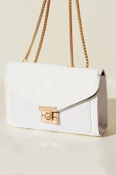 Gold Kilitli Zincir Askılı Kadın El Çantası Beyaz - Kol Çantası