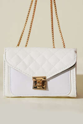 Gold Kilitli Zincir Askılı Kadın El Çantası Beyaz - Kol Çantası