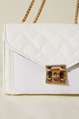 Gold Kilitli Zincir Askılı Kadın El Çantası Beyaz - Kol Çantası