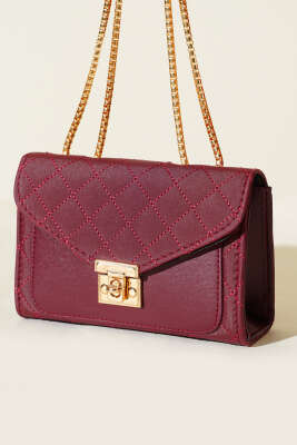 Gold Kilitli Zincir Askılı Kadın El Çantası Bordo 