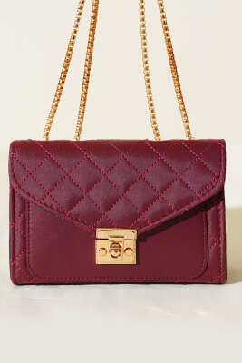 Gold Kilitli Zincir Askılı Kadın El Çantası Bordo - Kol Çantası